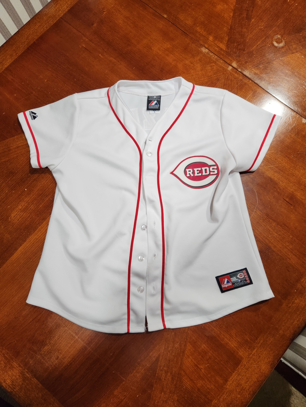 Majestic White and Red Kids Baseball Jersey - Reds Emblem Size Boy Large